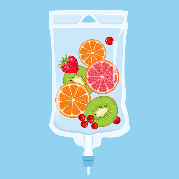 IV Vitamin Drip Therapy.  Vector cartoon illustration of Fruit Saline Bag on blue background.